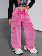Young Girl Loose Fit Cargo Pocket Pink Denim Wide Leg Pants